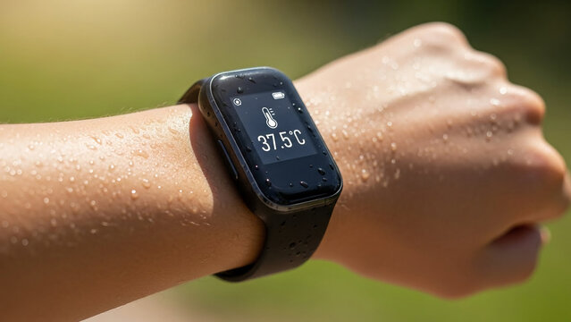 Close-up image of a smartwatch on a sweaty wrist, displaying a temperature of 37.5 degrees Celsius. - Powered by Adobe