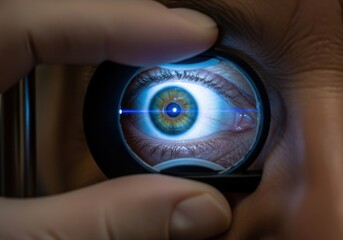 Ophthalmologist examining a patients eye with a slit lamp, showing a detailed view of the iris and pupil with a blue light beam