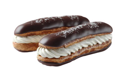 Close up view of elegant chocolate eclairs with cream filling showcasing decadent gourmet dessert and visually appealing bakery treat isolated on transparent background PNG