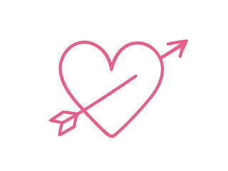Pink heart pierced by a cupid's arrow, symbolizing romantic love, passion, Valentine's Day, broken hearts, and affection on a white background.