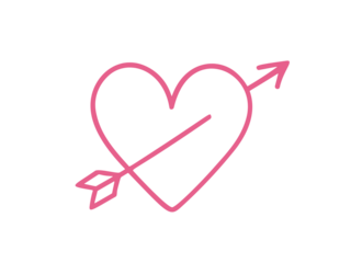 Pink heart pierced by a cupid's arrow, symbolizing romantic love, passion, Valentine's Day, broken hearts, and affection on a white background.