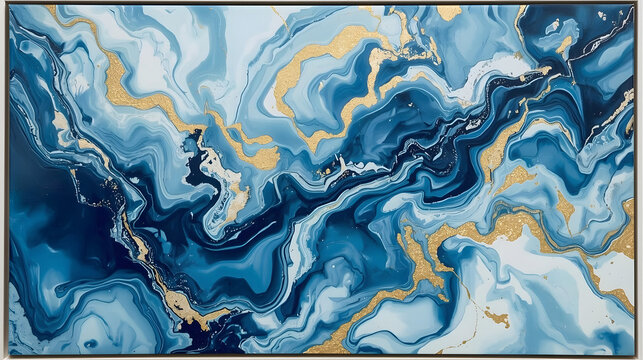Hand painted background with mixed liquid blue and golden paints. Abstract fluid acrylic painting. Modern art. Marbled blue abstract background. Liquid marble pattern - Powered by Adobe