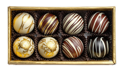 Obraz premium Close up view of elegant chocolate truffles in a box showcasing luxurious gourmet dessert and visually appealing confectionery presentation isolated on transparent background PNG