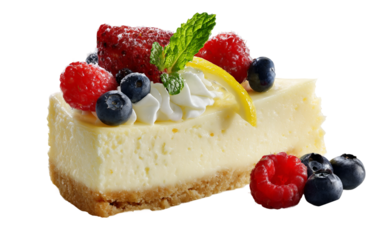 Gourmet lemon cheesecake highlighting smooth, velvety filling and vibrant berry decoration for refined dessert presentation isolated on transparent background PNG