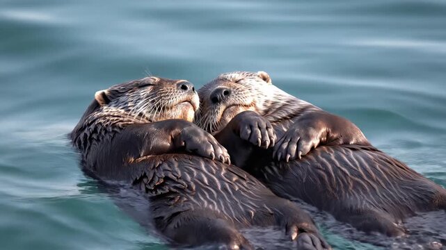 Cute furry otters floating peacefully in blue water. Concept of love and tranquility in nature