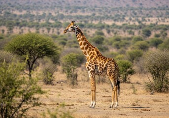 Fototapeta premium A tall giraffe with distinctive spots stands in a dry, savanna landscape with scattered trees and bushes under a bright sky