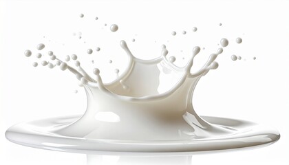 Dynamic white milk or cream splash in a crown shape with flying droplets, isolated on a clean white background. Fresh dairy product concept for advertising, food and beverage design. 3D render.