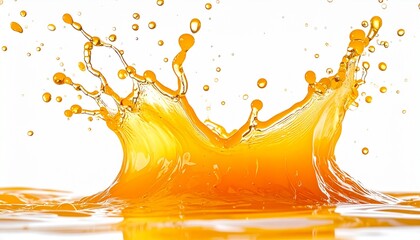 Dynamic crown splash of fresh orange juice with energetic droplets flying in the air. Vibrant yellow liquid movement isolated on a clean white background for refreshing beverage concepts.