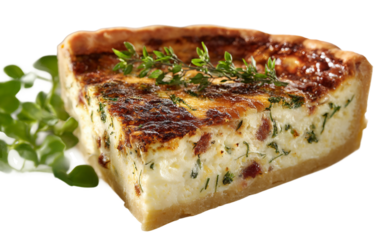 Elegant close up of Quiche Lorraine slice with herbs emphasizing luxurious, colorful, and visually stunning appetizer presentation isolated on transparent background PNG