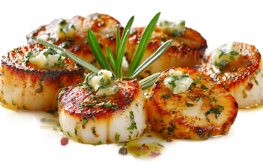 Decadent seared scallops with herb butter creating visually appealing, rich, and refined seafood presentation perfect for special occasions isolated on transparent background PNG
