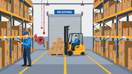 Warehouse receiving area with forklift and scanner vector illustration, logistics and inventory management © PDWN Creative