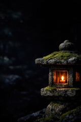 Traditional Japanese stone lantern glowing in dark forest background  