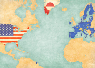 Map of North Atlantic Ocean - USA, EU and Greenland © Tindo