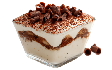 Elegant close up of tiramisu dessert with chocolate curls emphasizing luxurious, colorful, and visually stunning sweet treat isolated on transparent background PNG