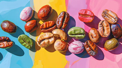 Colorful Coffee Beans on Vibrant Pastel Background