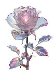 Crystal-style rose with translucent petals and inner light refraction, decorative fantasy object, isolated on white background. 