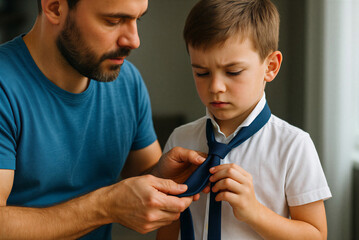 Father teaching young boy how to tie a blue tie with love and care at home
