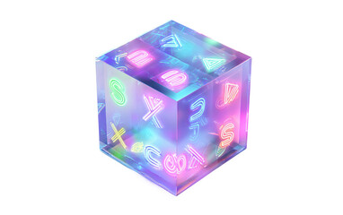 Virtual futuristic cube with glowing neon symbols illustrating modern cyber intelligence and creative digital systems isolated on transparent background PNG