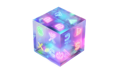 Virtual futuristic cube with glowing neon symbols illustrating modern cyber intelligence and creative digital systems isolated on transparent background PNG