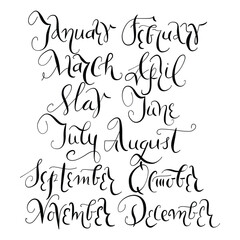 Elegant vector handwritten set of month lettering in cursive ink style, vector calligraphy illustrations perfect for planners and calendars. Year on the white background