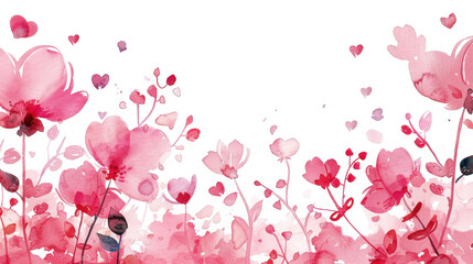 Watercolor Pink Floral Border with Leaves on White Background