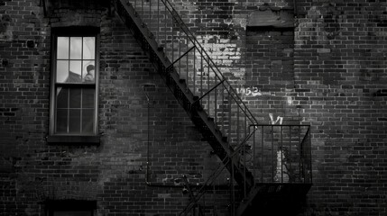 The simplicity of a single fire escape staircase disappearing into the distance. Black and white art