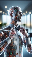 Robot adjusting bow tie in modern office setting  