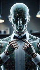 Robotic figure adjusting bow tie in stylish interior setting  