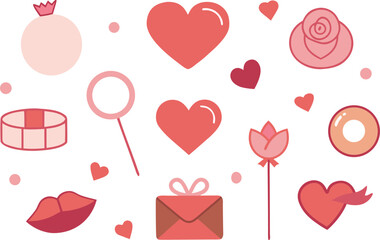 Cute and simple illustration collection featuring hearts, flowers, and romantic symbols for love