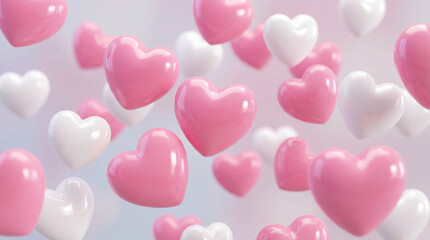 3d pink white glossy hearts floating background, cute romantic valentine day abstract wallpaper, soft pastel love balloon texture, shiny plastic render for wedding, banner, greeting card, celebration.