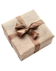 Gift box wrapped in handmade paper with subtle fibers and imperfections, artisanal craft look, isolated on white background. 
