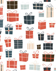 Gift boxes arranged in seamless pattern layout, clean repetitive composition for wrapping paper design. 