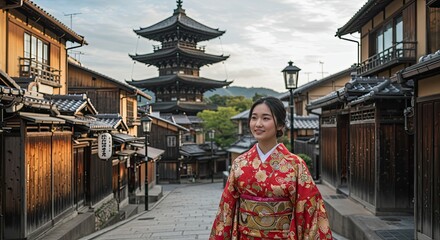A woman in a traditional kimono standing on a serene Japanese street