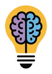 Brain lobes inside a glowing lightbulb symbolize creative thinking.