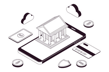 Isometric mobile phone displays classical bank building with digital.