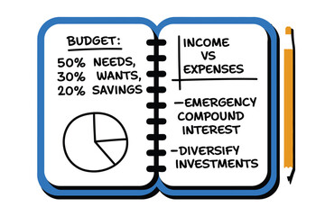 Notebook illustrates personal finance breakdown with budget pie chart.