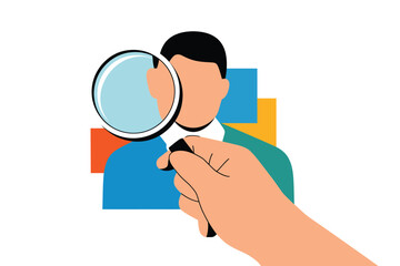 Oversized hand holds magnifying glass over an employee avatar profile.