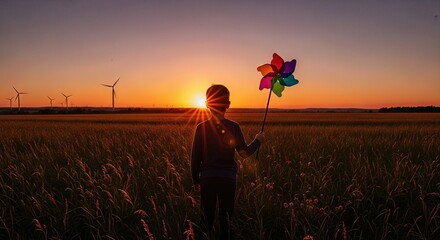 Child holding colorful pinwheel during sunset in a field  