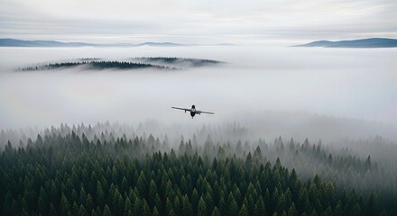Aerial view of a plane flying over misty forest landscape  