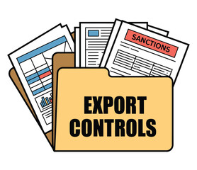 Folder overflowing with documents shows export controls and sanctions.