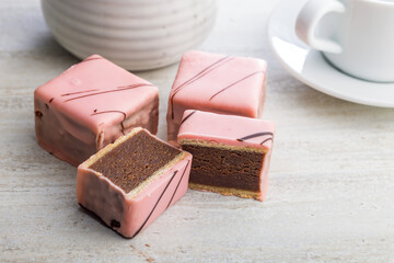 Sweet dessert cake. Mini pie on kitchen table.