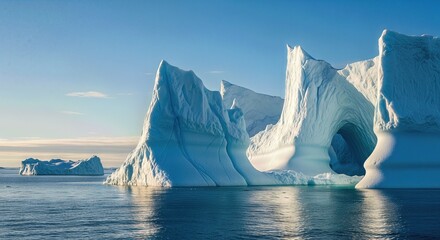 Icebergs floating in calm waters against a clear blue sky  