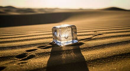 Ice cube melting in the desert sands during sunset  
