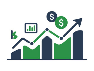 Bar chart and upward trending line graph indicate financial growth.