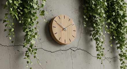 Wall clock adorned with vibrant greenery on a textured wall  