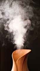 White steam or smoke rising from a modern wooden aroma diffuser against a dark background. Minimal still life showing humidity, relaxation, wellness and spa atmosphere. Concept of aromatherapy