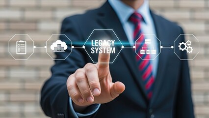 Businessman interacting with legacy system interface for modernization