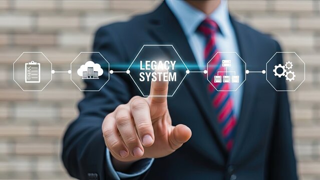 Businessman interacting with legacy system interface for modernization