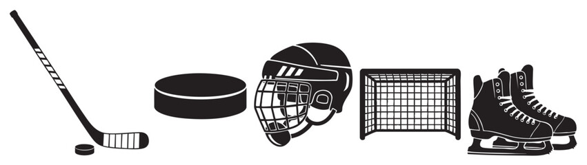 A collection of black silhouette icons representing essential ice hockey gear including a stick, puck, helmet, net, and skates, isolated on a clean white background.