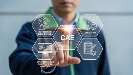 Engineer interacting with computer-aided engineering interface in modern workspace